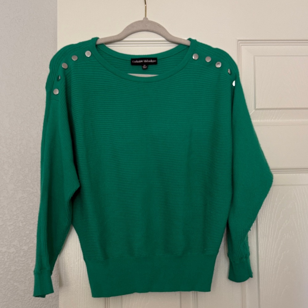 Catherine Malandrino Green Crew Neck Sweater with Silver Button Details